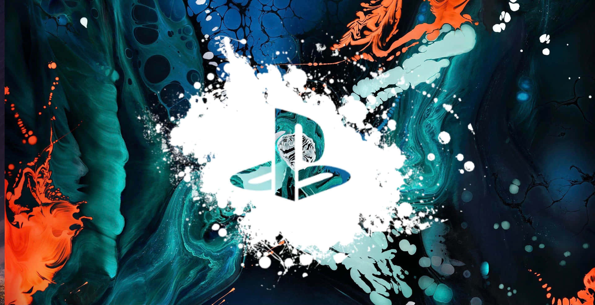 Abstract PlayStation logo wallpaper with swirling teal, orange, and white paint