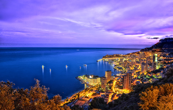 Monaco Monte Carlo Sea Coast Night Lights Skyline Wallpaper