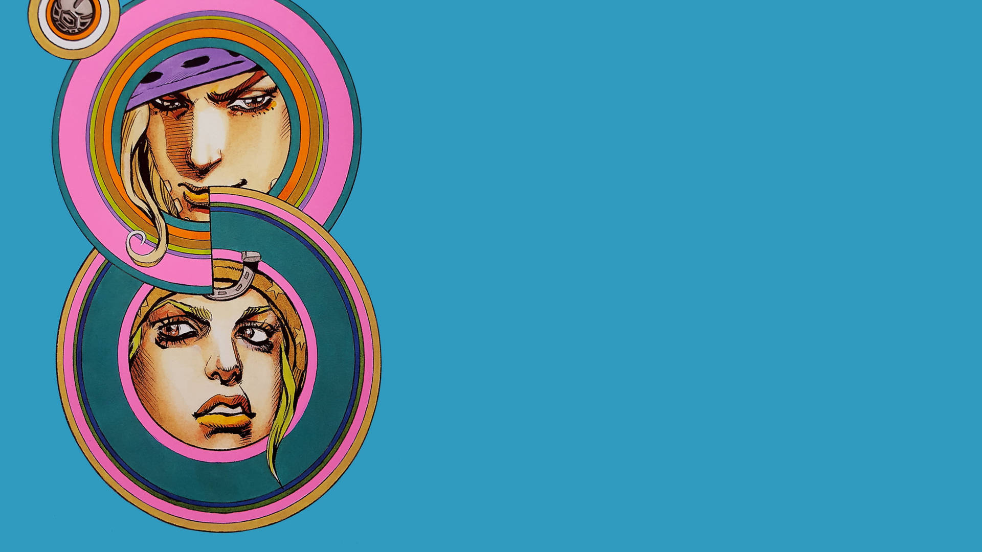 A vibrant, stylized illustration featuring Gyro Zeppeli from JoJo's Bizarre Adventure: Steel Ball Run.  The image is cropped and arranged within colorful, overlapping circles against a bright turquoise backdrop, emphasizing Gyro's distinctive facial features and enigmatic expression. Perfect for a phone wallpaper