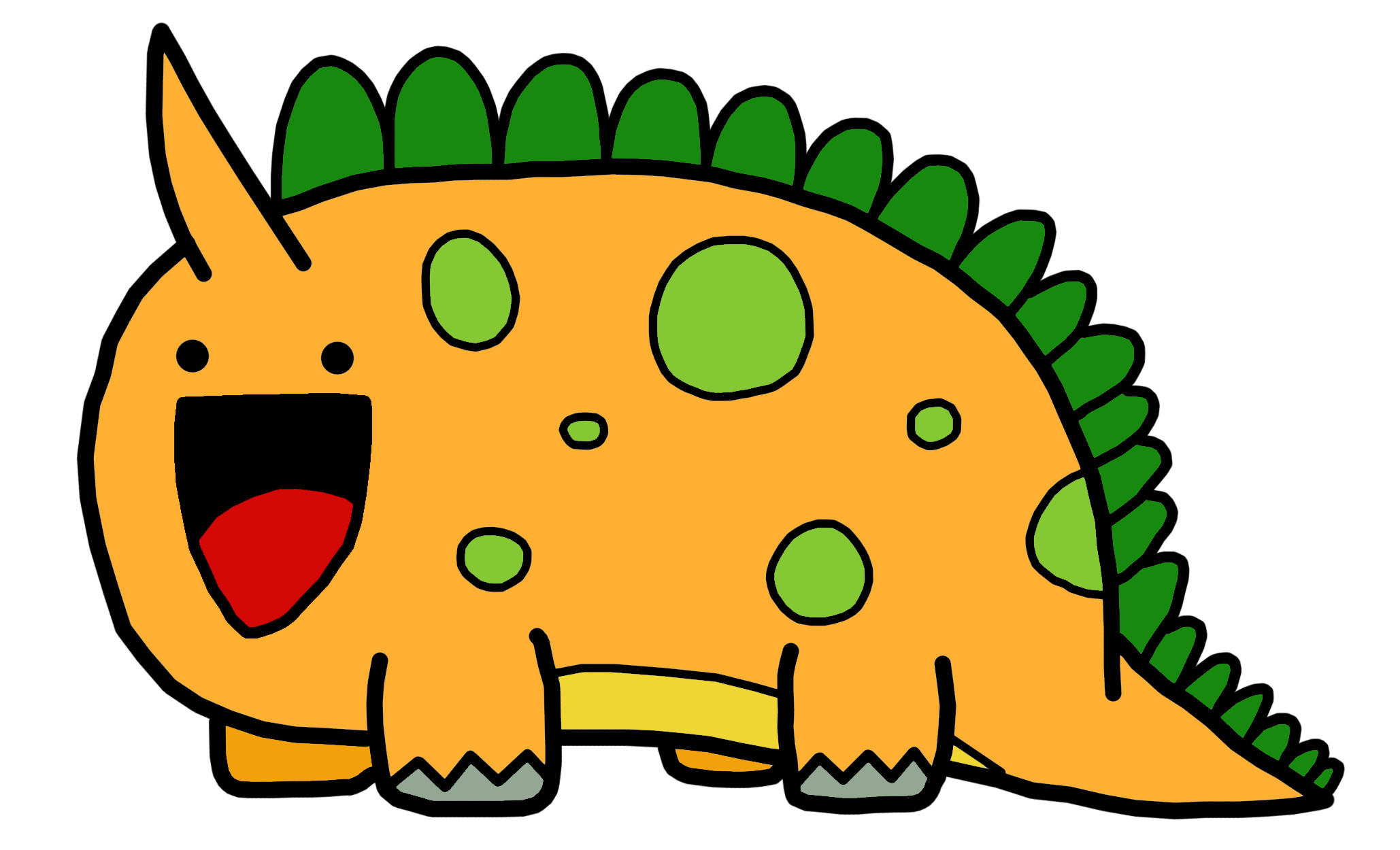 A cute, cartoon dinosaur with an orange body, green spots and spines, and a big, open mouth. It has small legs and feet and a single horn on its head