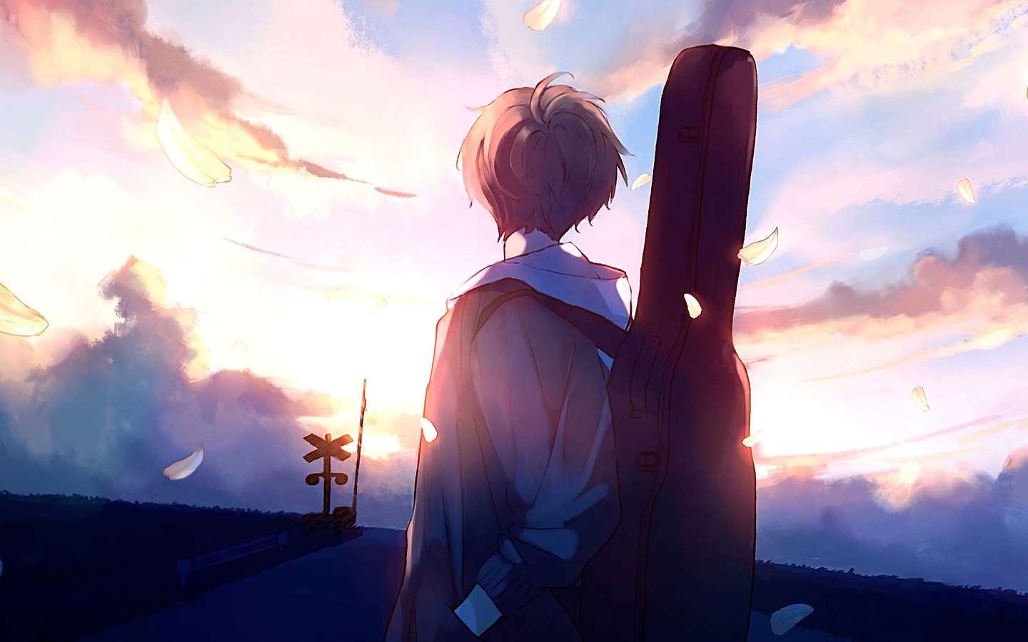 Anime boy with guitar case at sunset 4k wallpaper