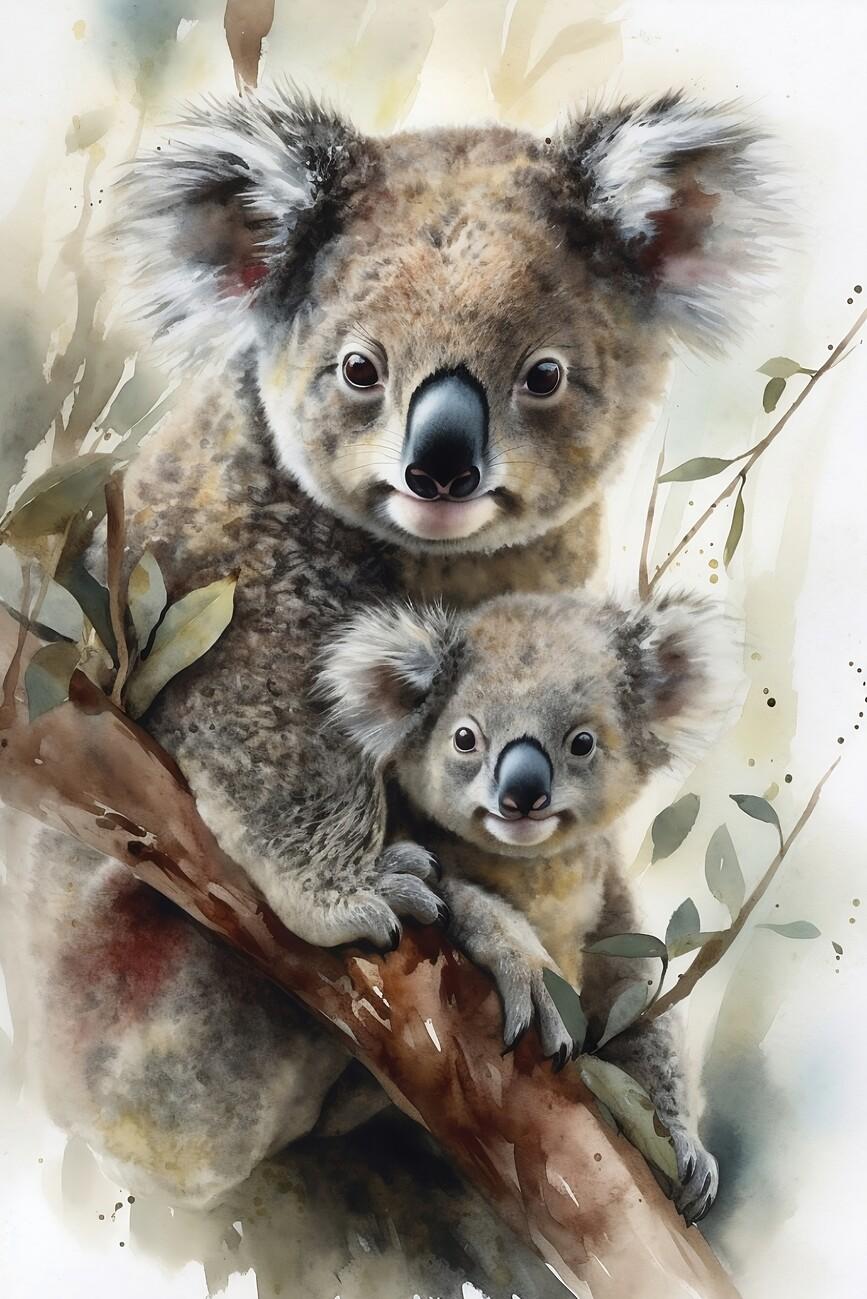 A Watercolour Illustration Of Cute Koala Bear And Her Cub Wall