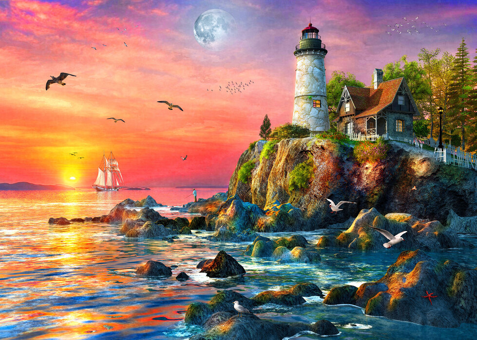 Summer Sunset Lighthouse affordable wall mural Photowall 979x699