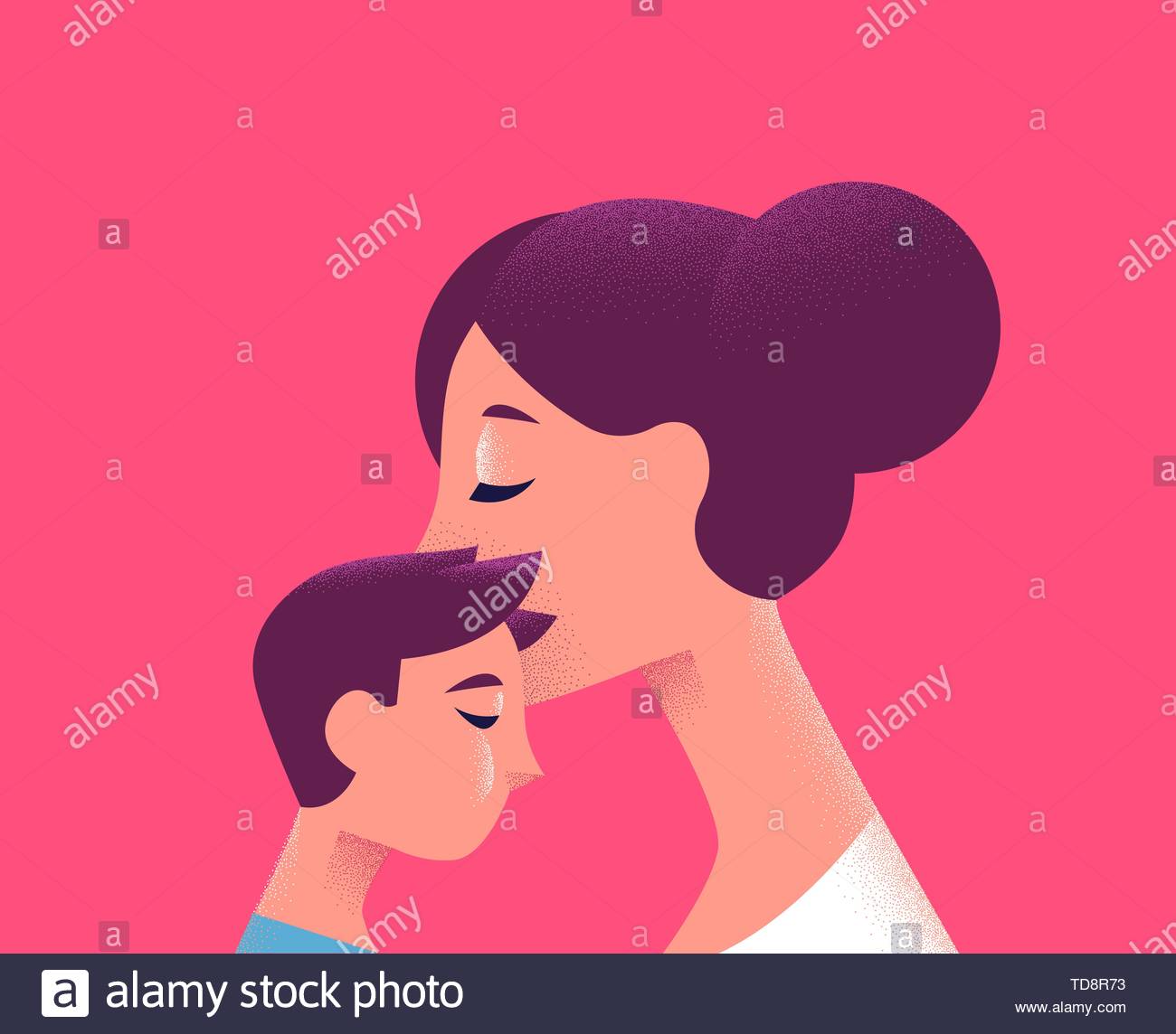 Mother And Kid On Isolated Pink Background Mom Kissing Son For