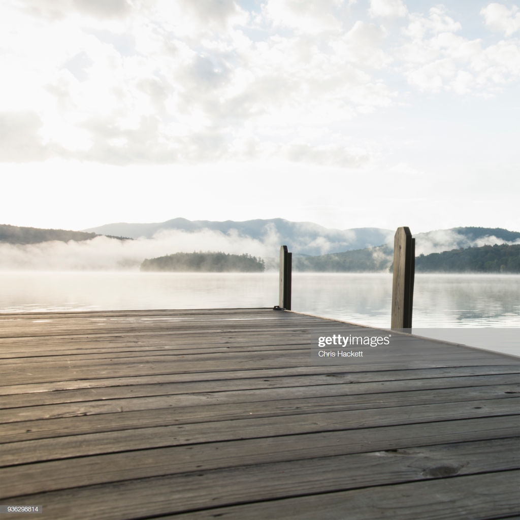 Usa New York Lake Placid Pier With Foggy In Background Stock