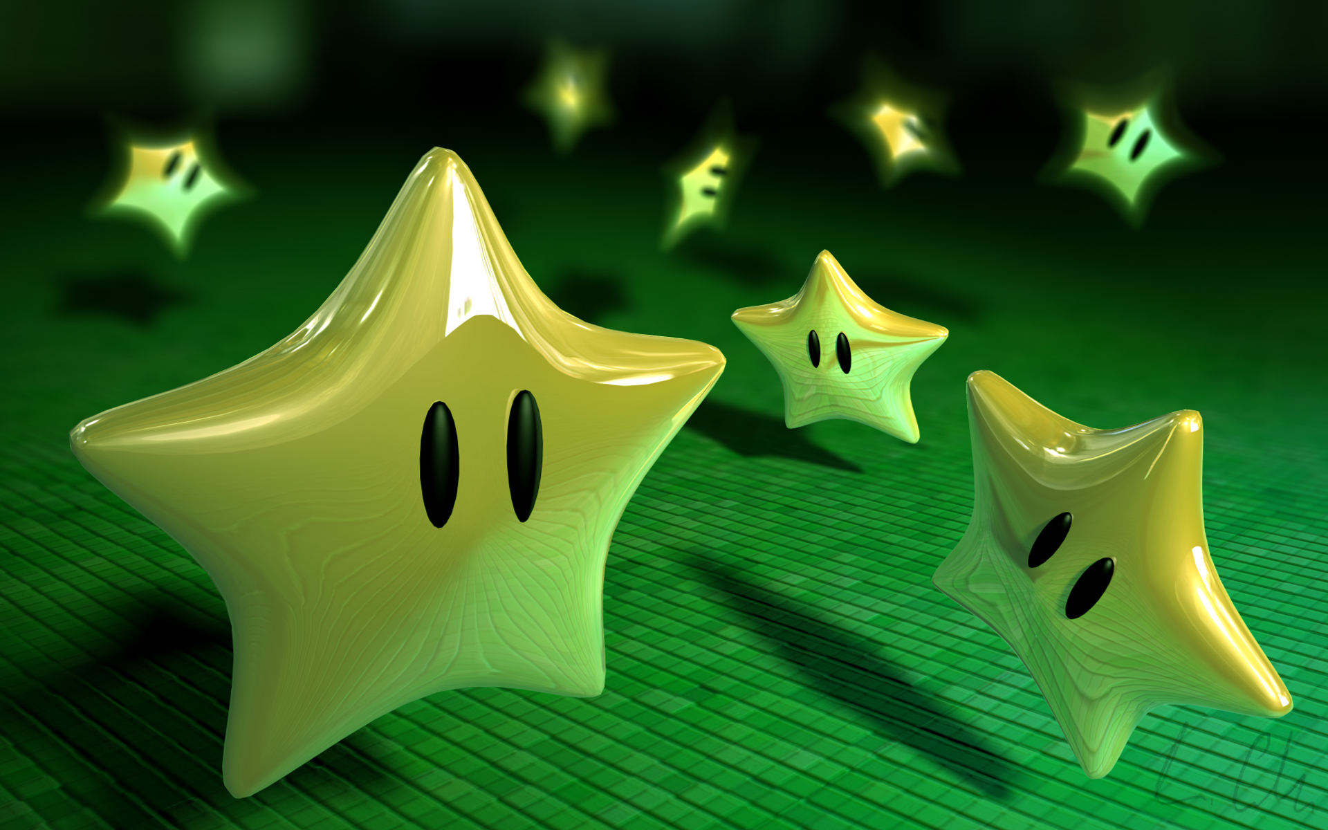 3D Render of Shiny Gold Stars on a Green Background, Ideal for a Live Wallpaper
