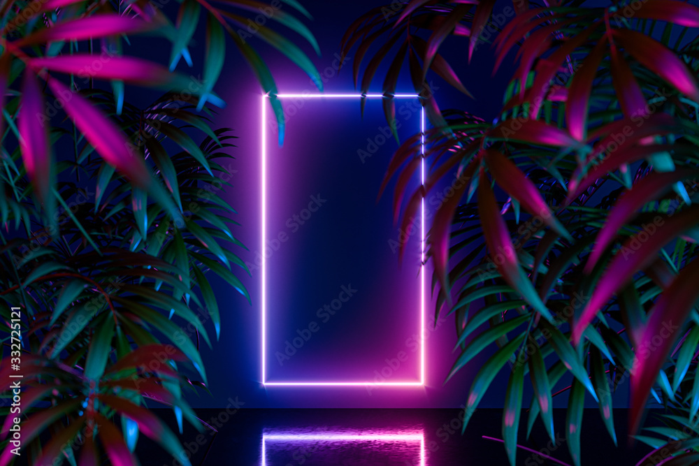 Vertical Neon Frame With Pink Light On Tropical Leaves Background