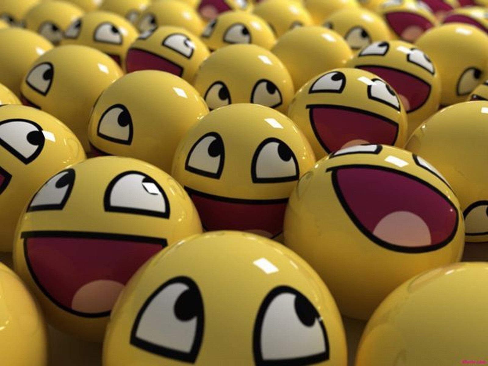 3D Render of Multiple Smiley Faces with Wide Eyes and Open Mouths