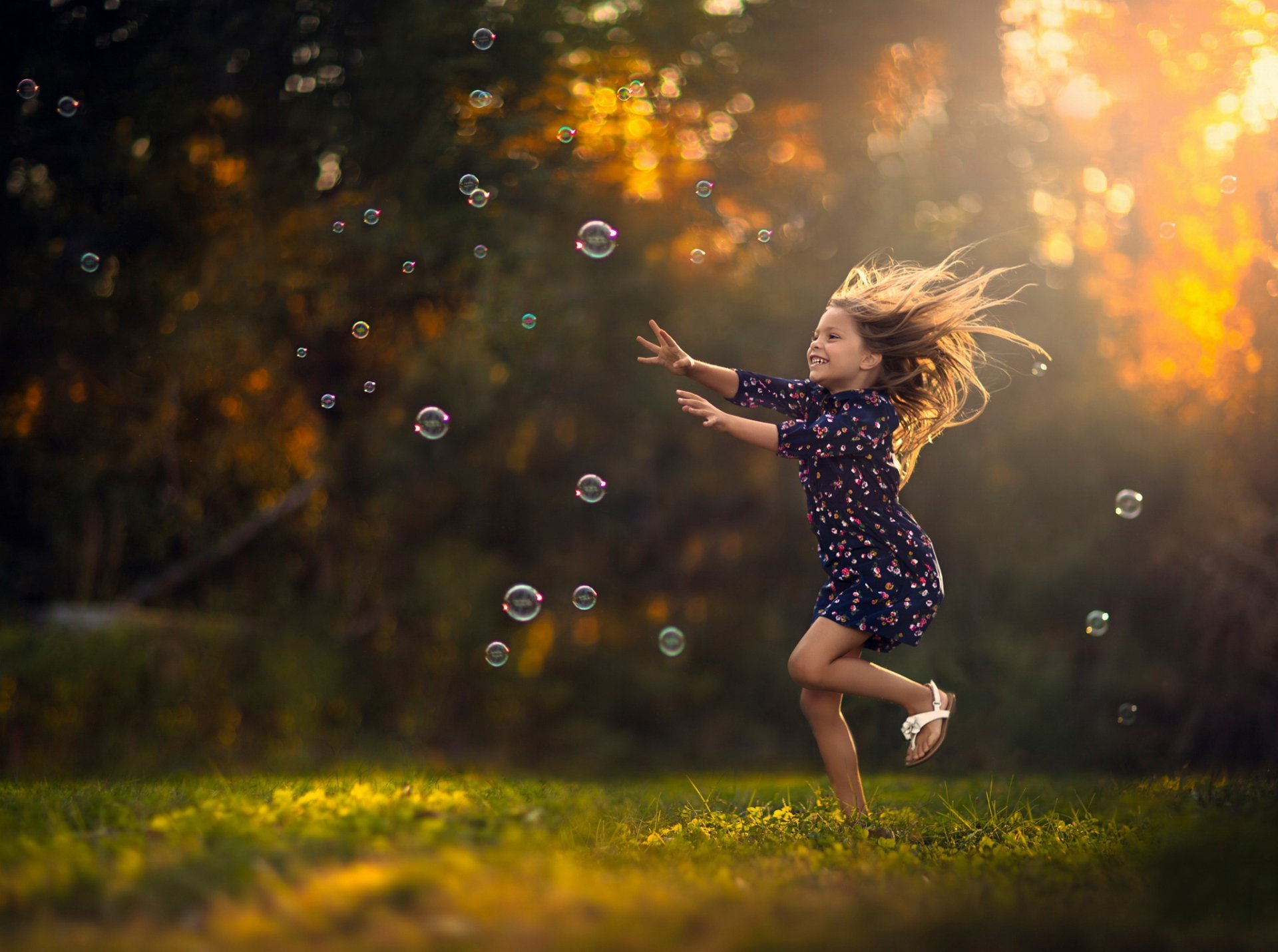 Girl Running Bubbles Happiness HD Wallpaper