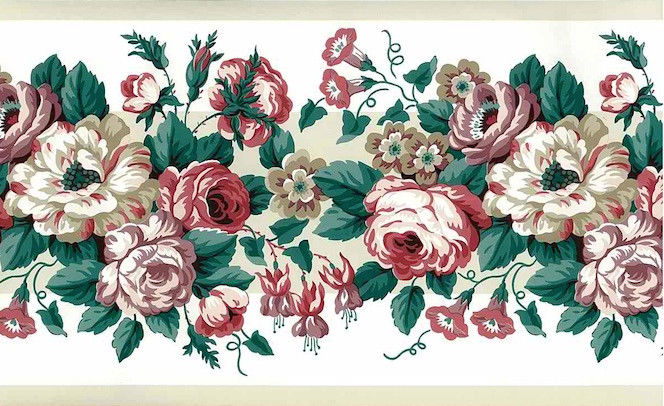 Cabbage Roses Vintage Wallpaper Border Rose Lavender Green Waverly
