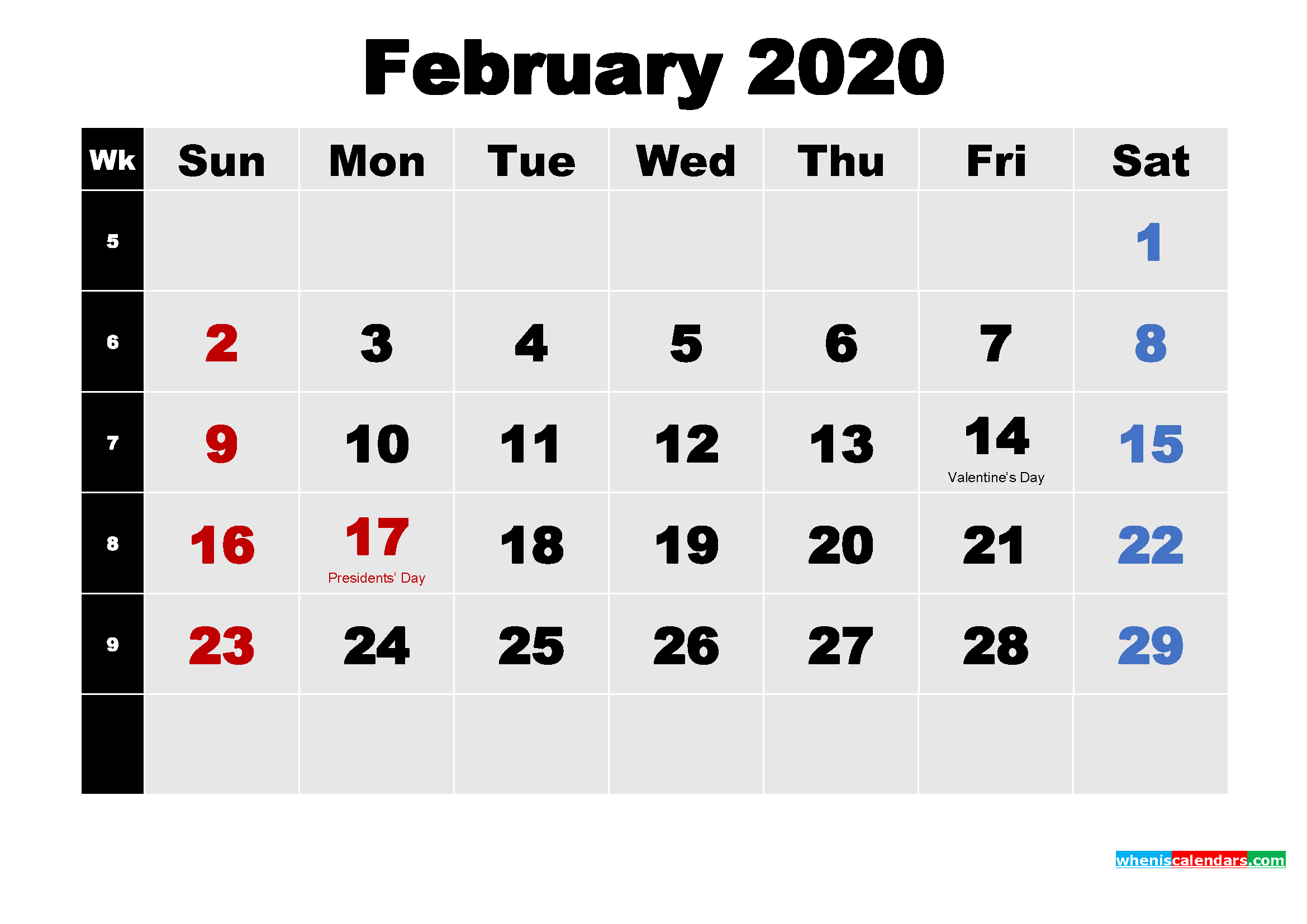 Printable 2020 Calendar with Holidays February Free Printable