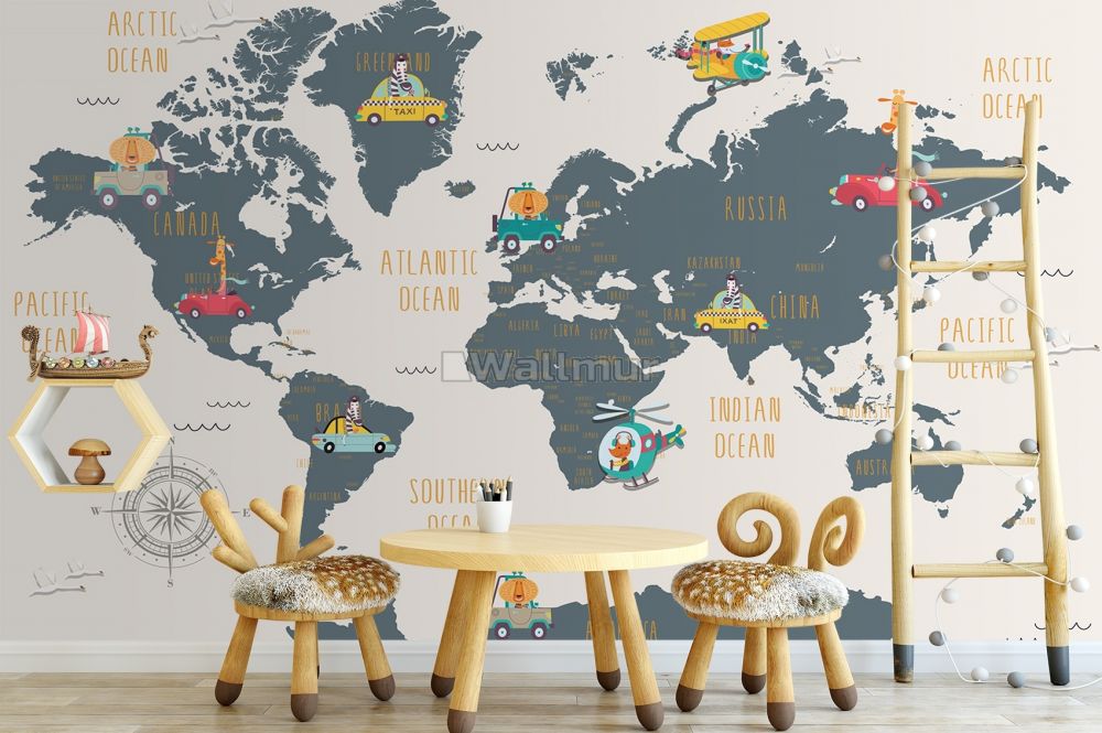 Kids World Map With Animals And Little Cars Wallpaper Mural Wallmur