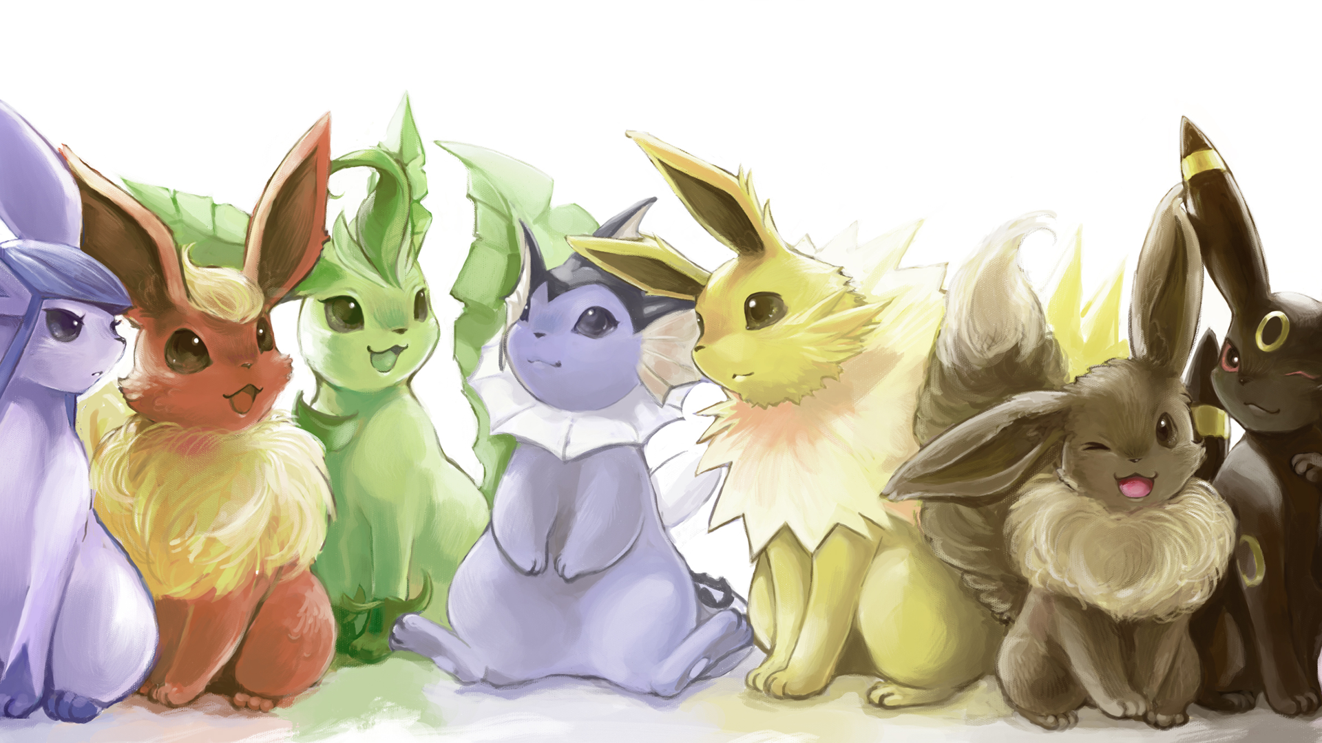 A drawing of seven Eevee evolutions sitting together