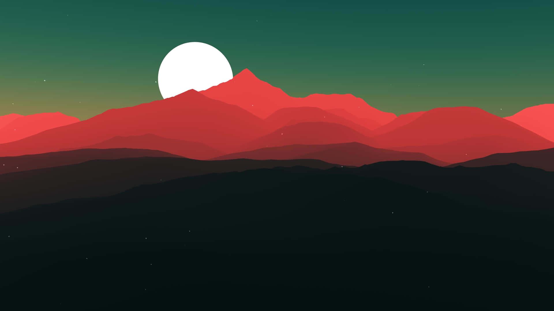 A Red And Green Mountain Landscape With Moon Wallpaper