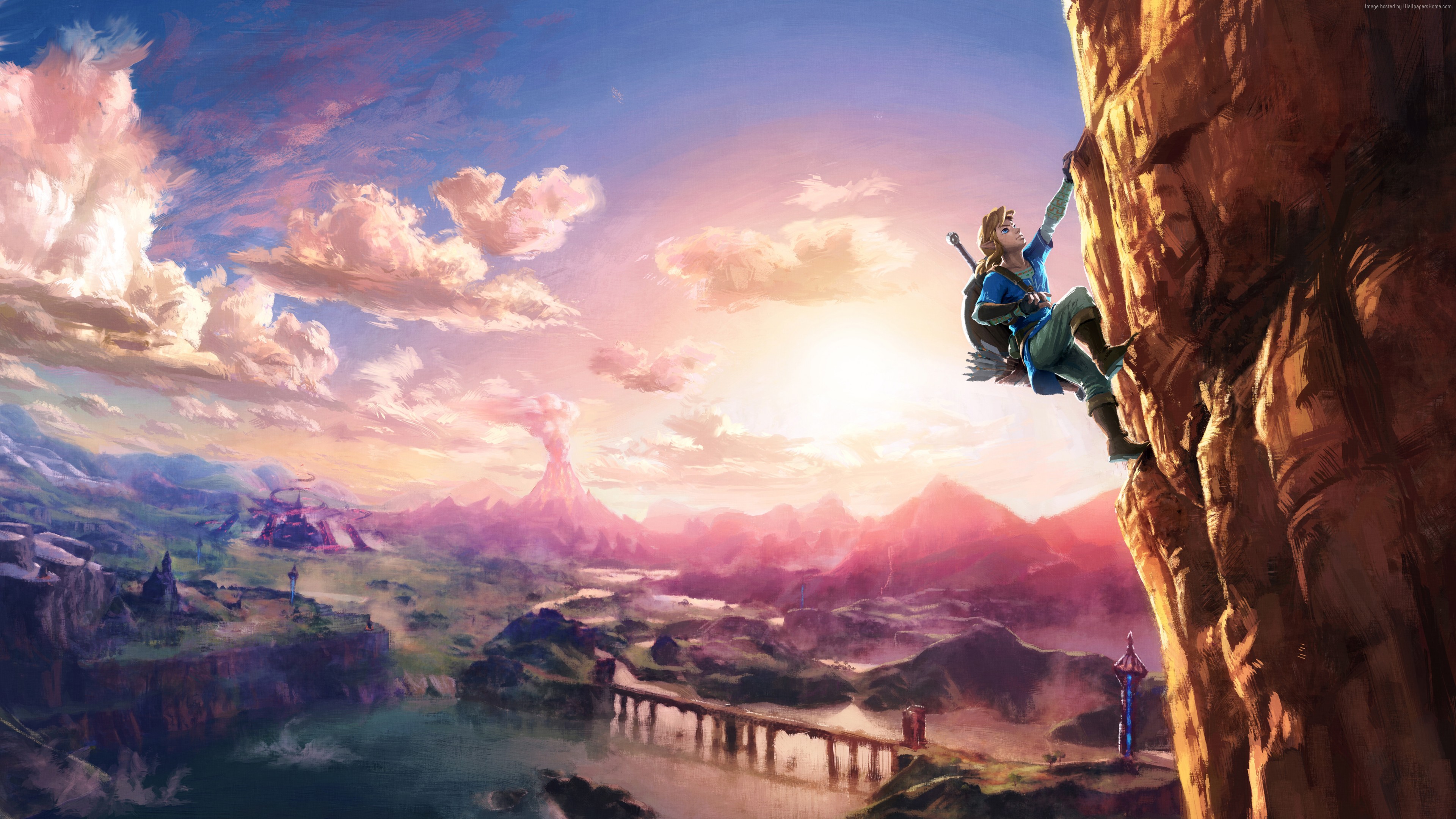 Link climbing a cliff in The Legend of Zelda: Breath of the Wild, overlooking Hyrule at sunset