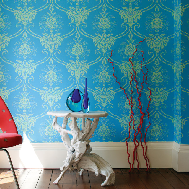 Anna French Damask Wallpaper Contemporary Living Room London