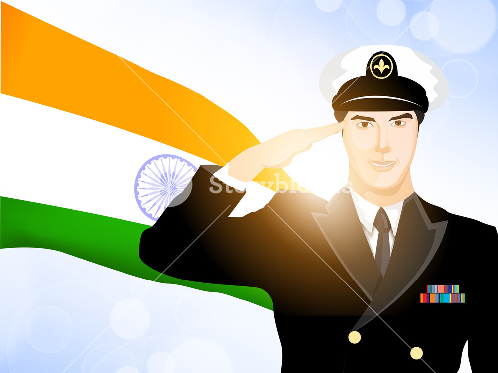 Saluting Soldier Silhouette On Indian Flag Waving Background