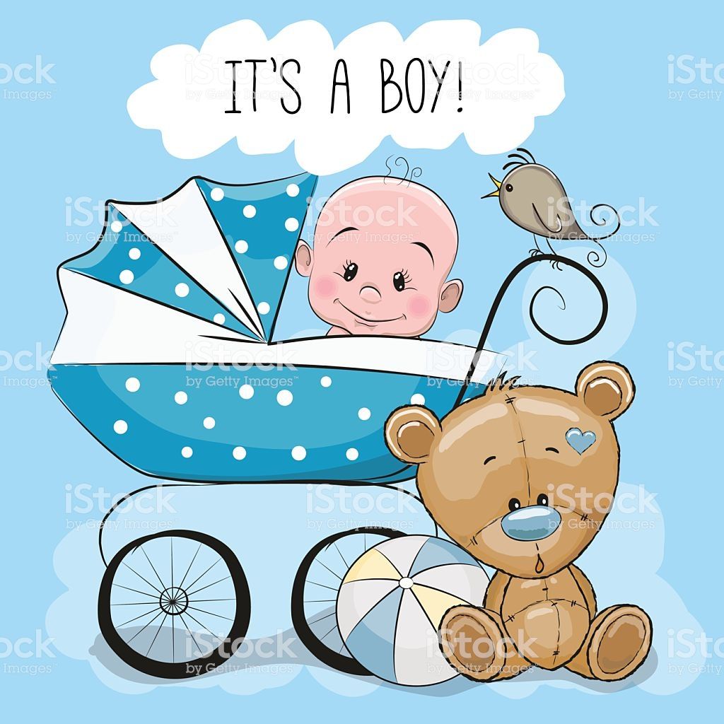 Greeting Card Its A Boy With Baby Carriage And Teddy Bear