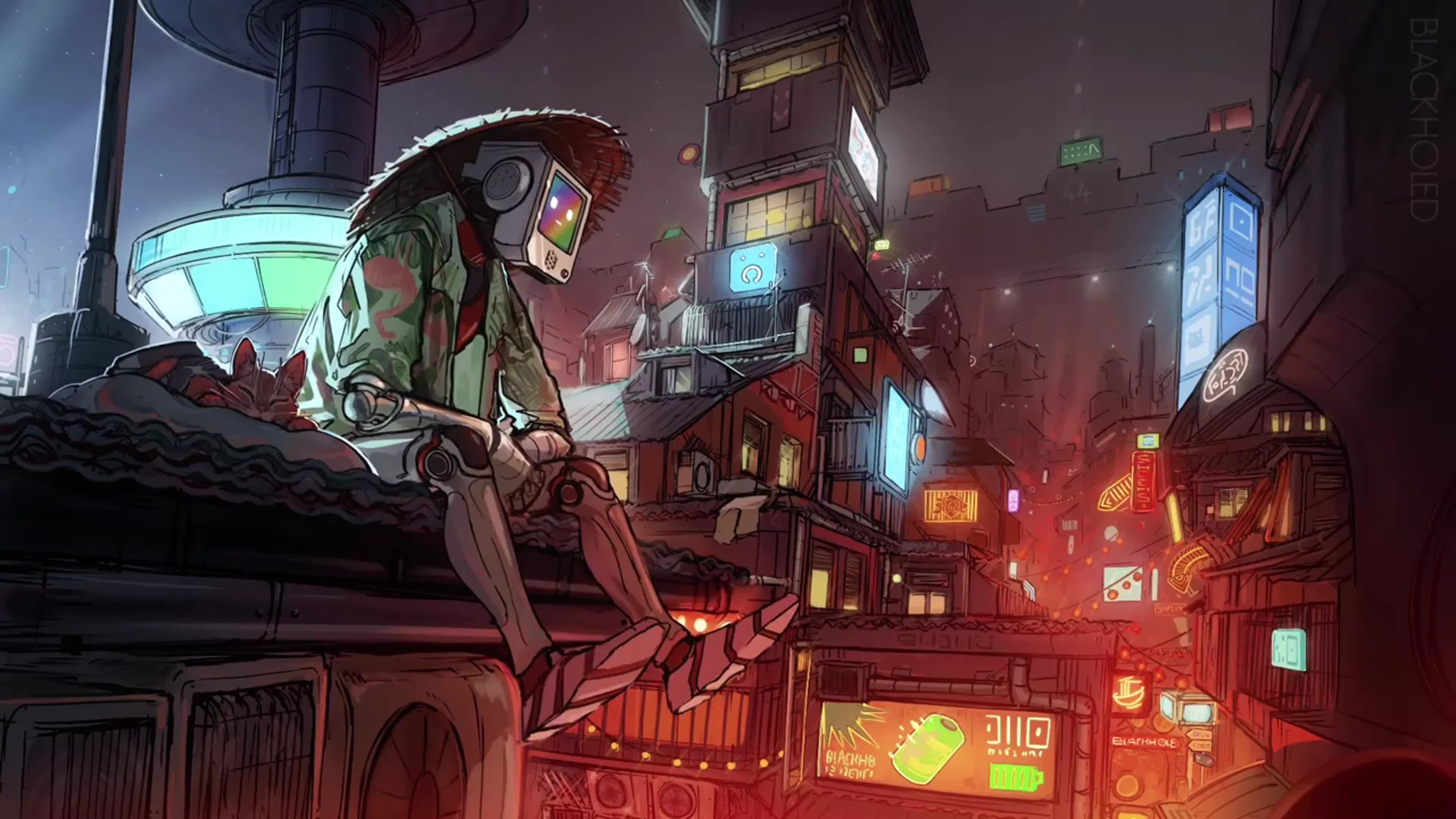 A cyberpunk-inspired illustration of a futuristic city at night, featuring a robot with a straw hat and a cat perched on a rooftop, overlooking the bustling streets filled with neon signs and vibrant colors