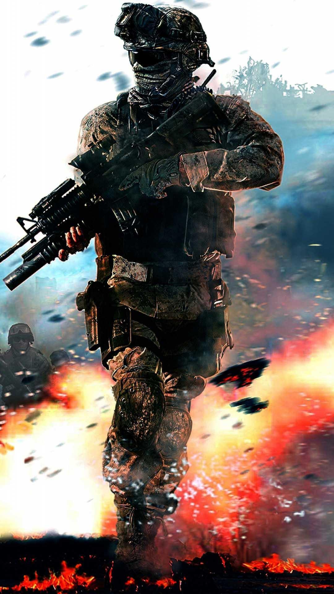 A soldier in combat gear advances through a fiery battlefield, embodying the intensity of military conflict