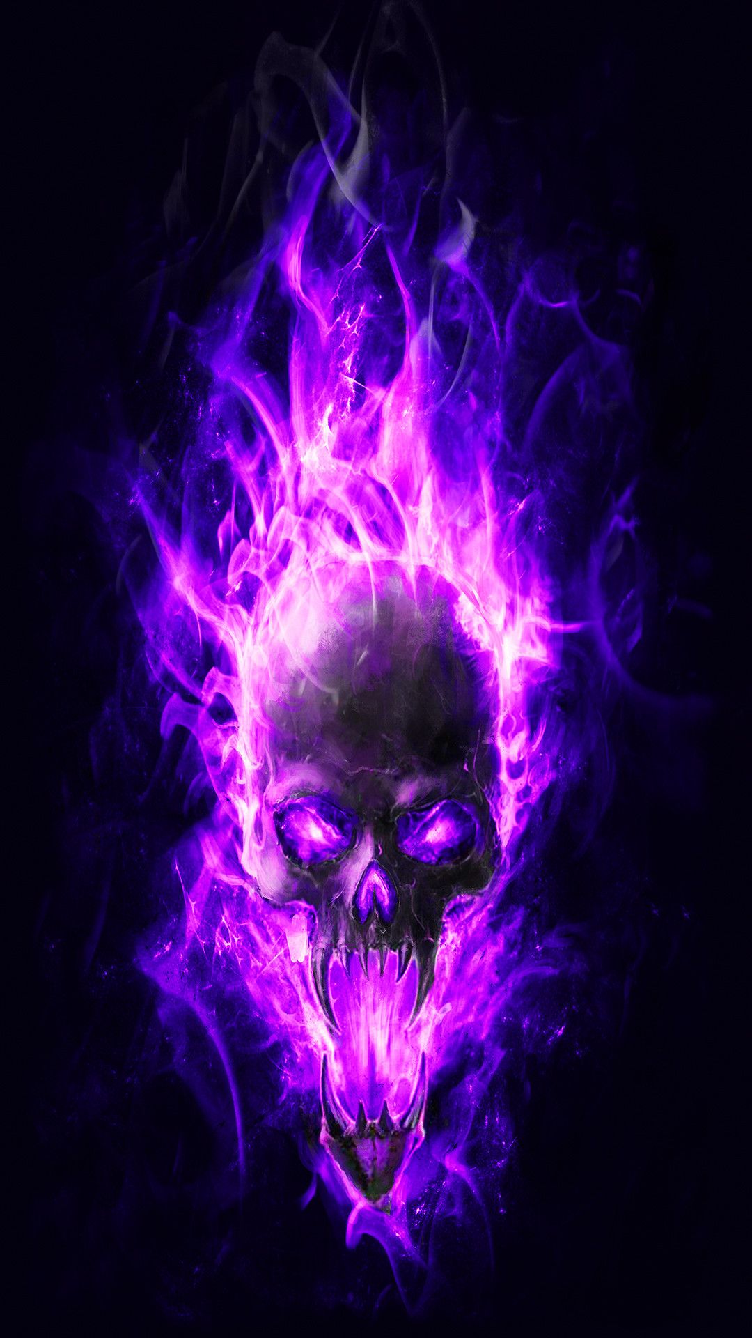 A flaming purple skull against a black background. The skull's eyes and mouth glow with an eerie purple light, and flames rise from the top and sides of its head