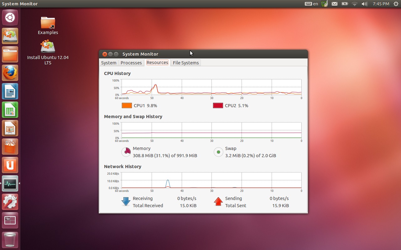 ubuntu 12 04 desktop with system monitor freshly booted ubuntu 1280x800