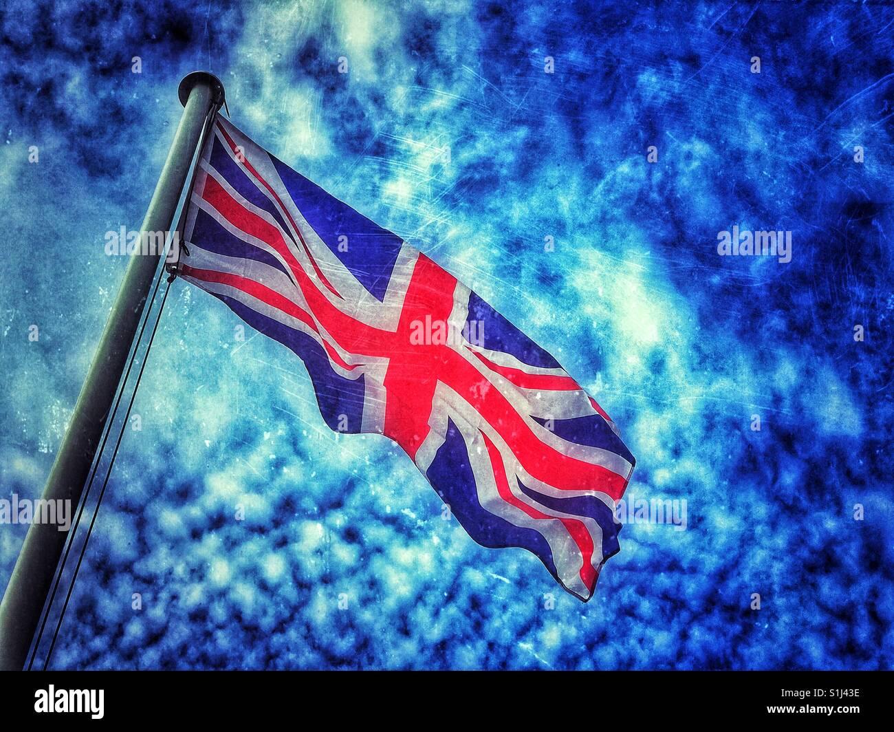 A grunge effect picture of a new Union Jack Flag flying at the top