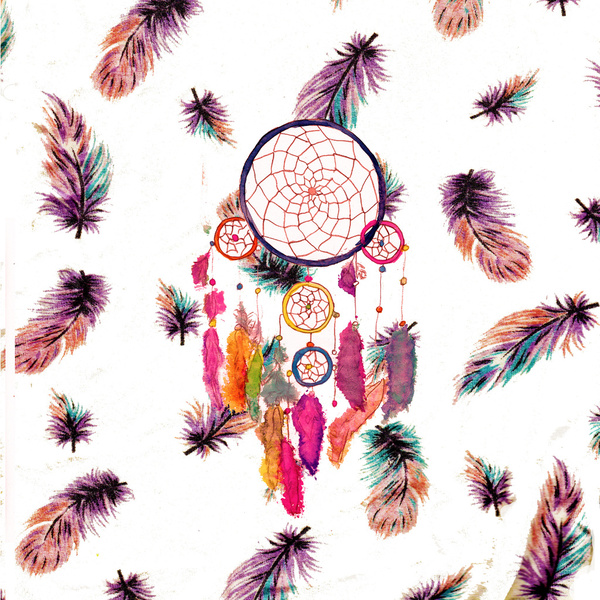 Hipster Watercolor Dreamcatcher Feathers Pattern Art Print by Girly