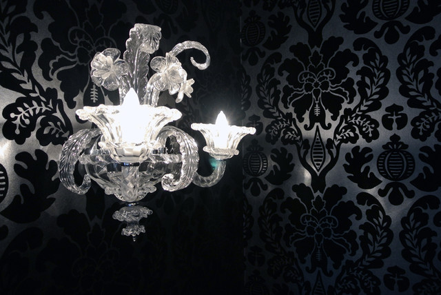Damask Wallpaper Clear Crystal Chandelier Wood Wall Cladding In