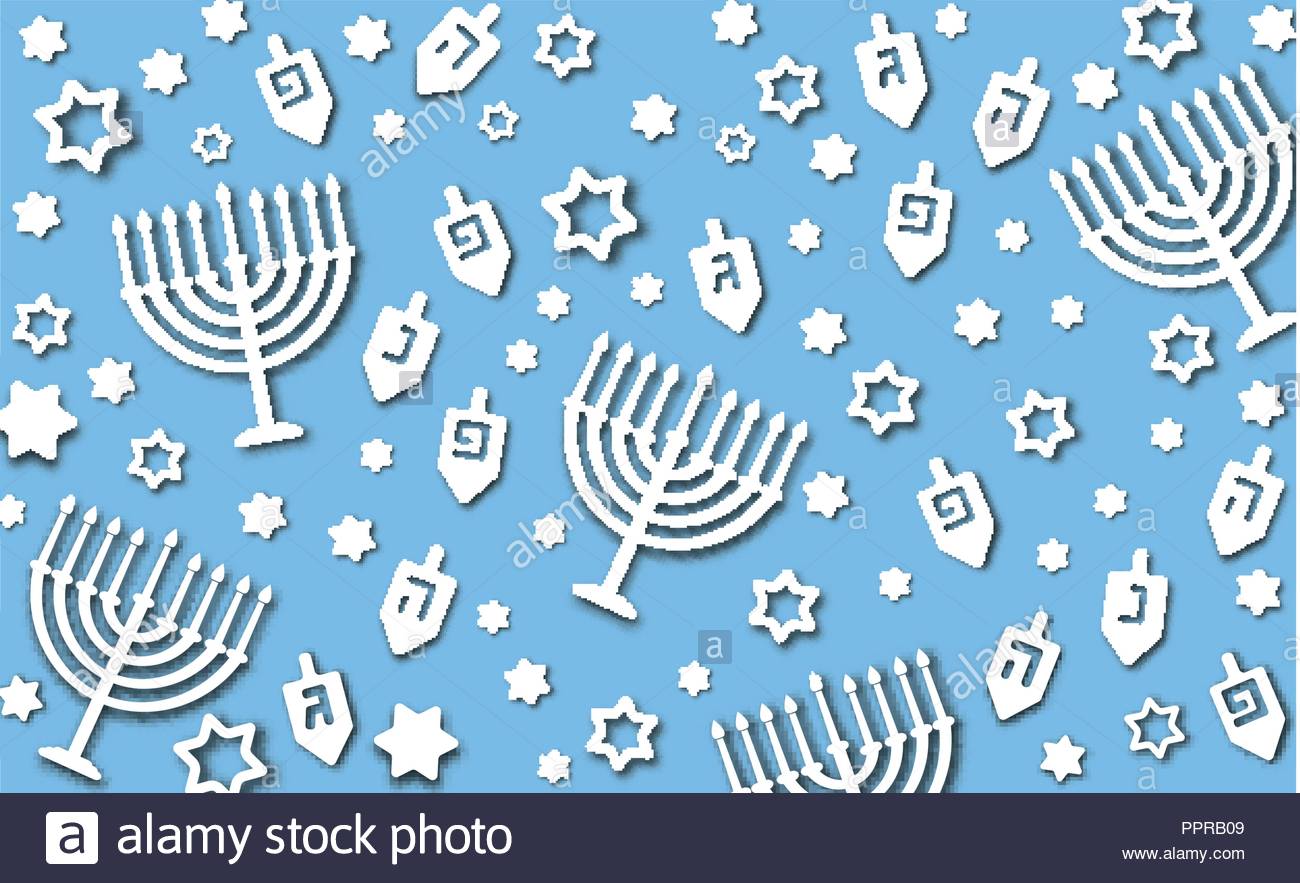 Hanukkah Blue Background With Holiday Candles Dreidels Hebrew