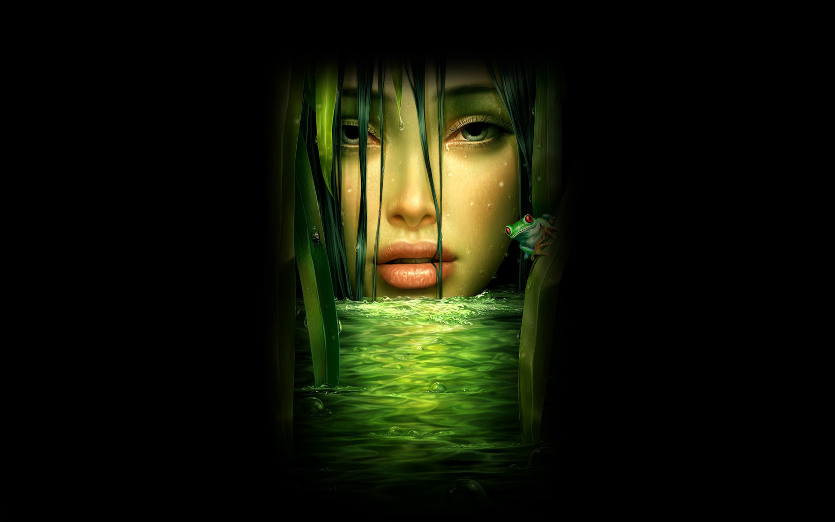 Beautiful Green Girl Face on Black Background   Wallpaper 32818