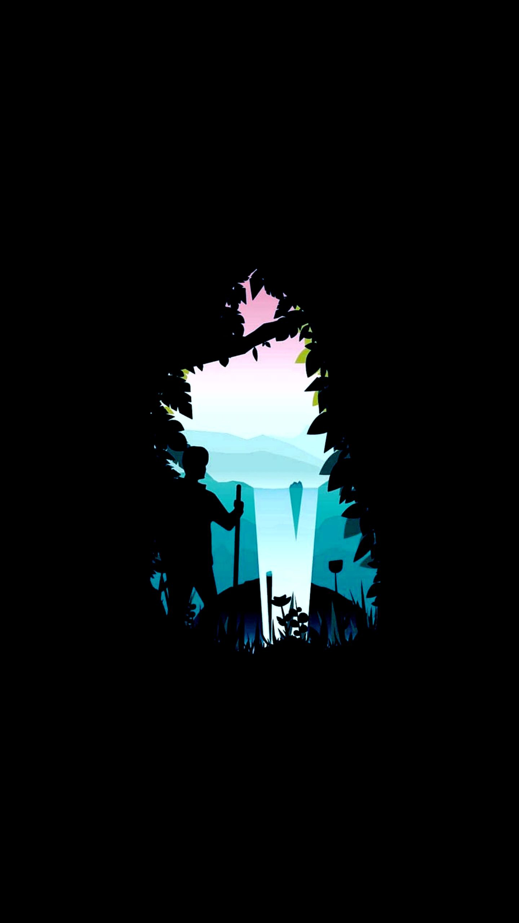 Silhouette of a hiker looking out at a scenic vista through a foliage-framed opening against a dark AMOLED background