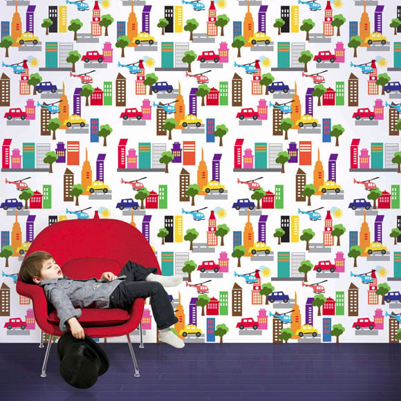  201305five city life wallpaper and decals for a little boy bedroom