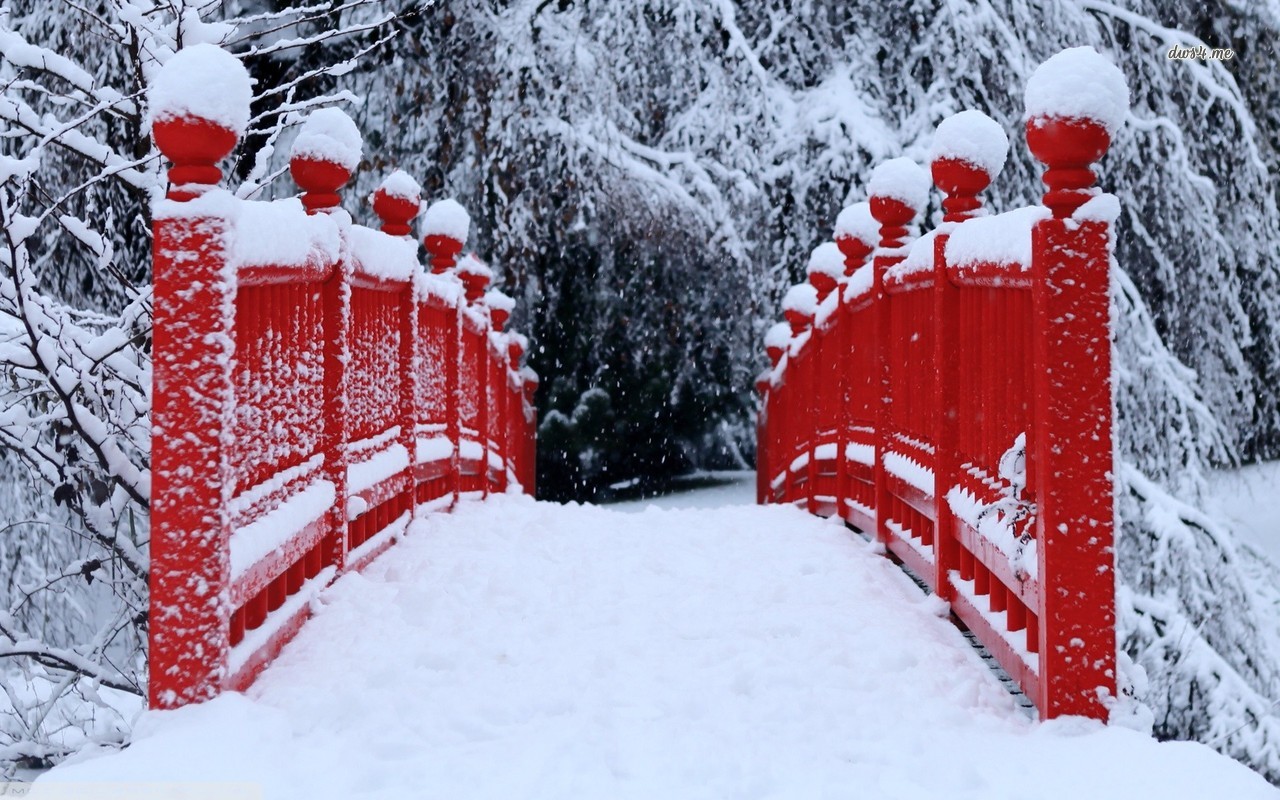 Red Bridge In Winter Wallpaper Photography