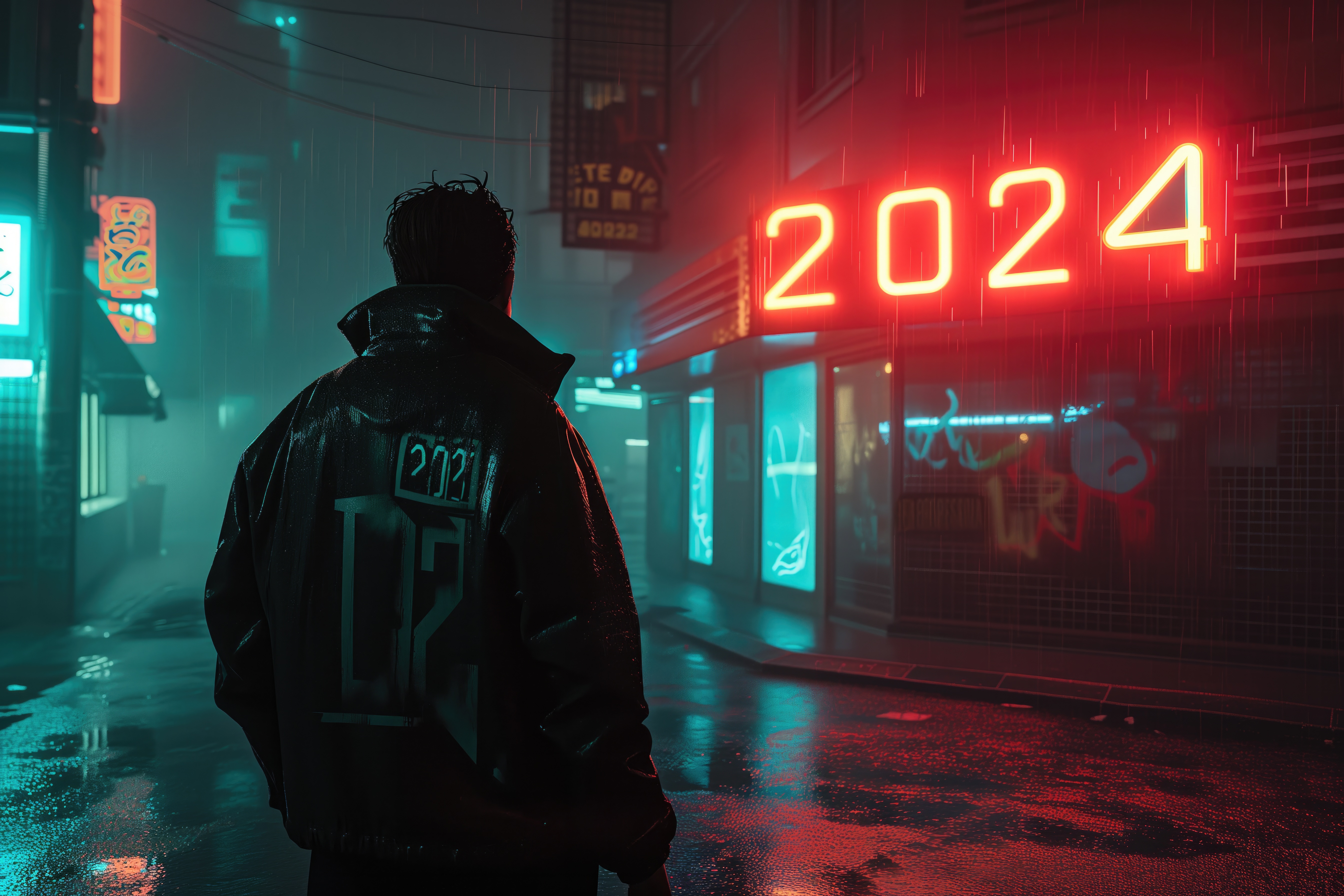 Dark Cyberpunk Themed Man Walking Near Neon Sign Stock