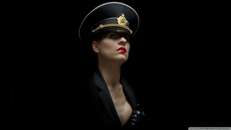women black uniforms military models lips officer black background red
