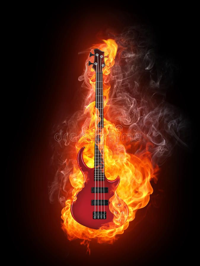 Electric Bass Guitar In Fire Isolated On Black Background