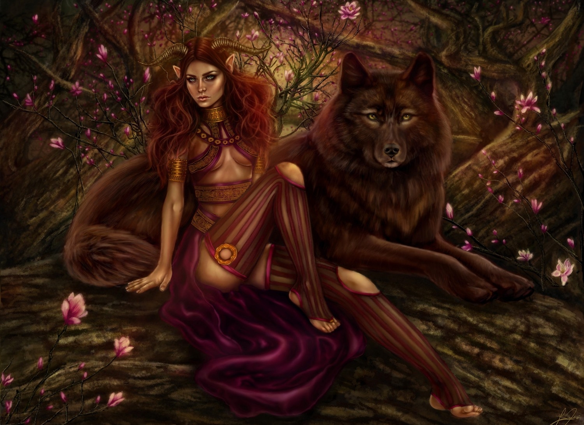 Art Girl Demon Wood Horn Red Wolf Trees Flowers Jpg