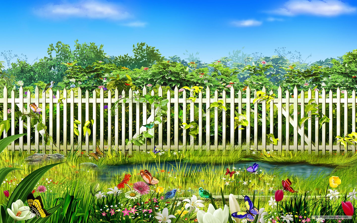 Idyllic Spring Garden Scene with White Picket Fence
