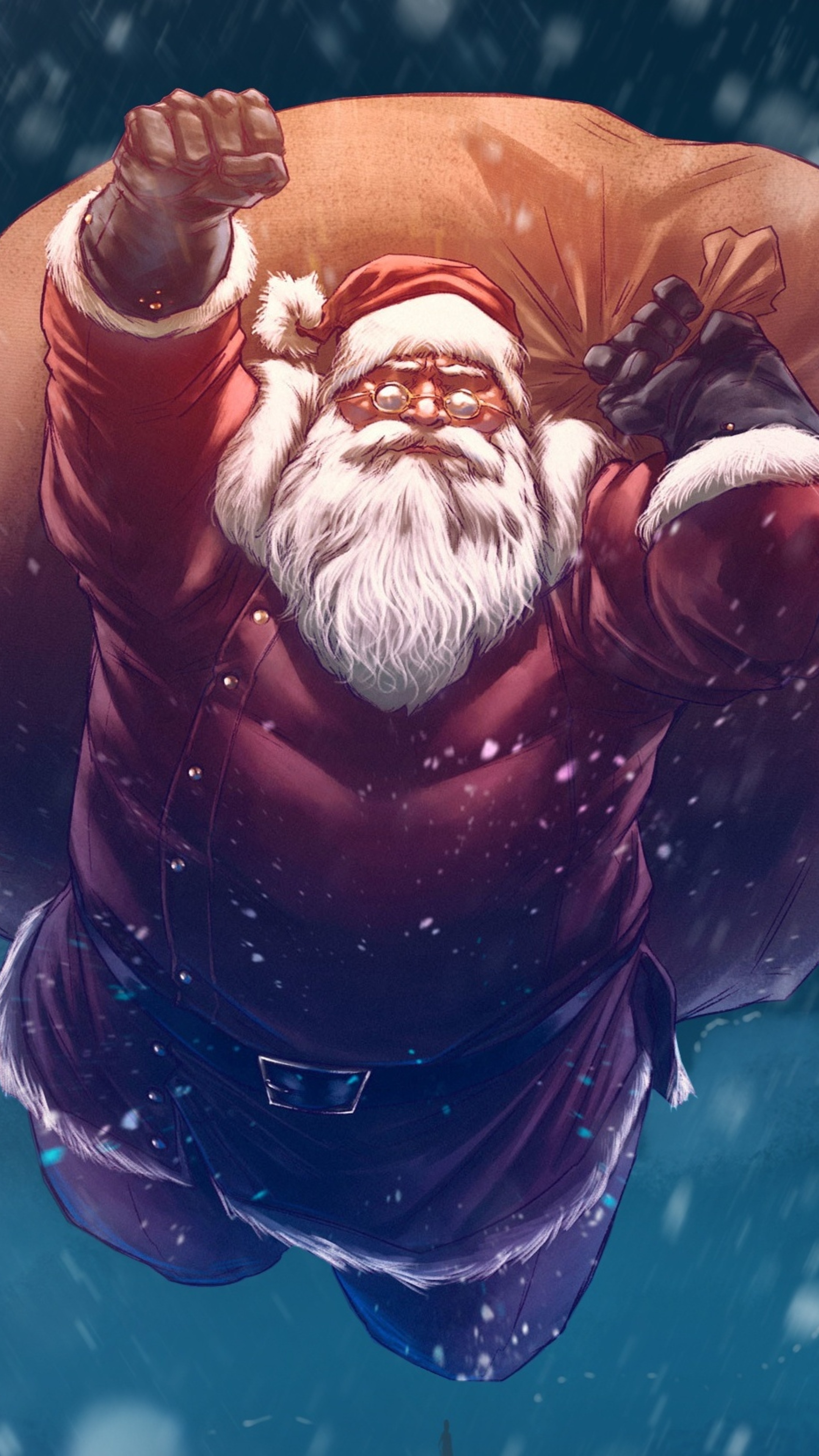 Santa Claus flying with his bag of gifts on a snowy night