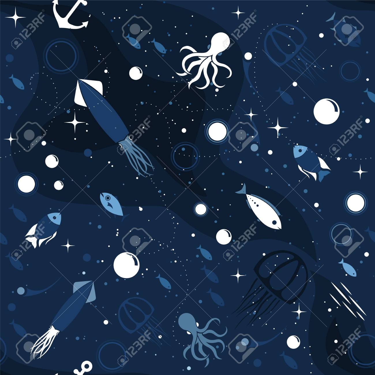 Sea Life Background With Fish Medusa Octopus Squid And Bubbles
