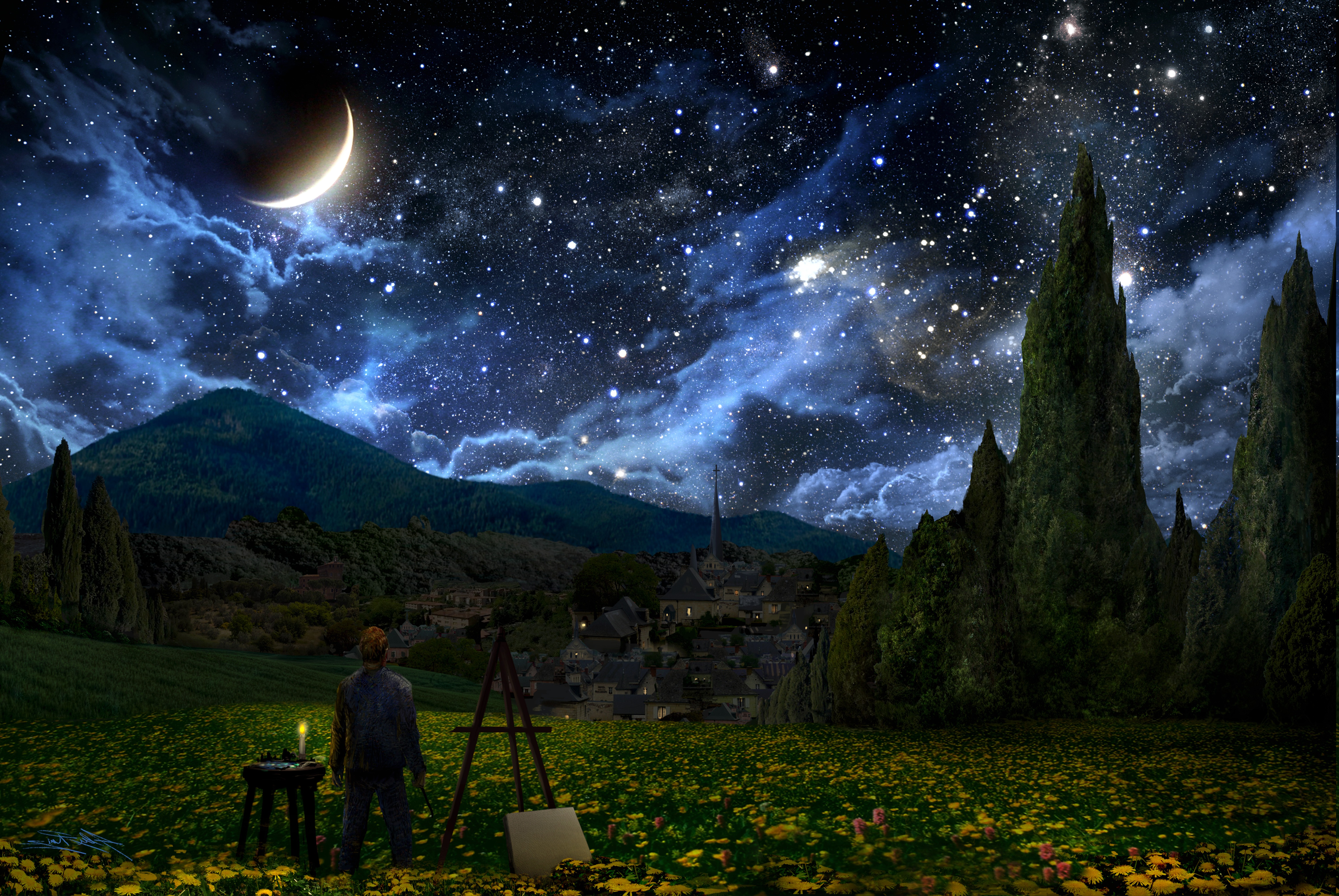 Vincent Van Gogh The Starry Night Crescent Moon Painters Stars Wallpaper