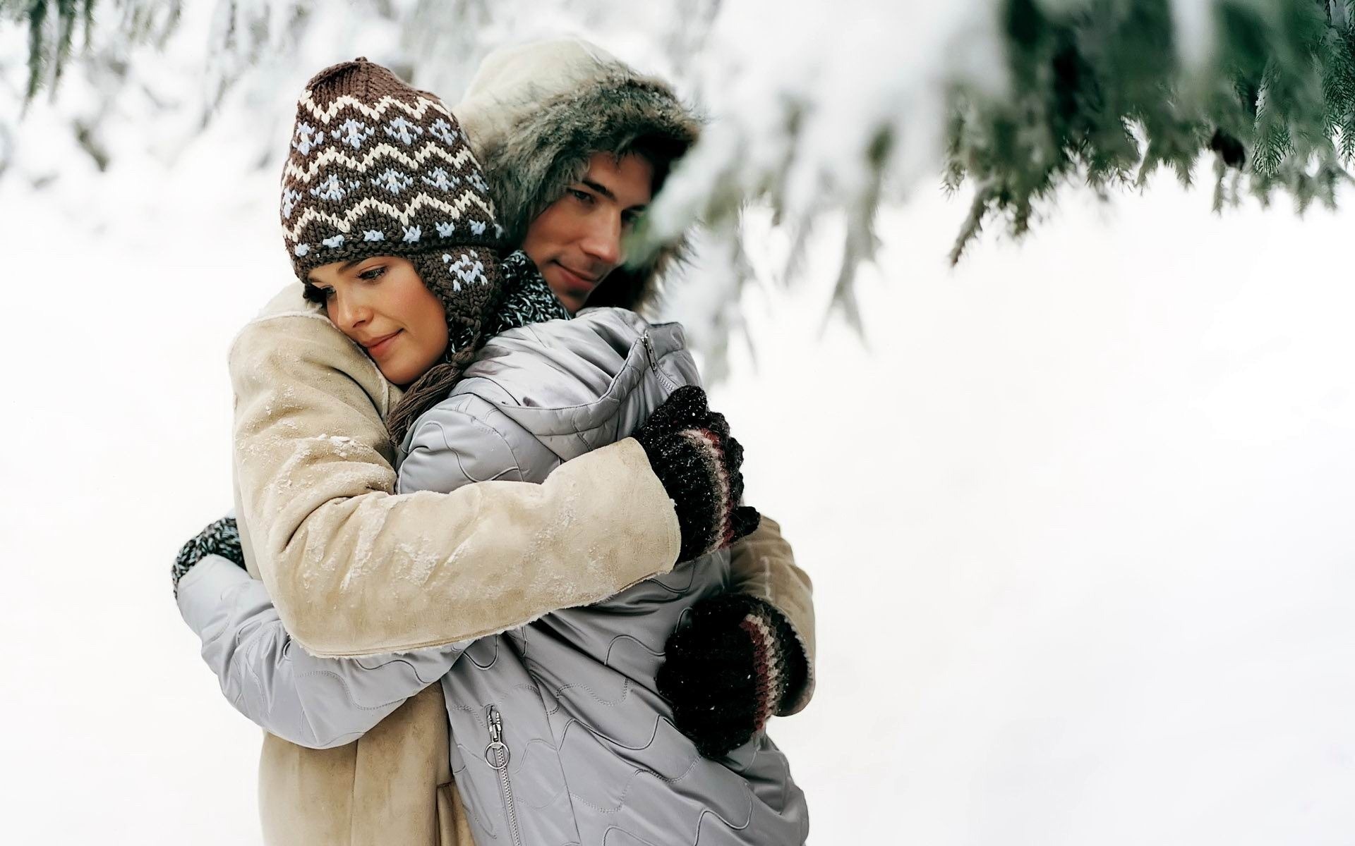 Wallpaper Couple Love Man Woman Hug Winter Snow Hat Desktop