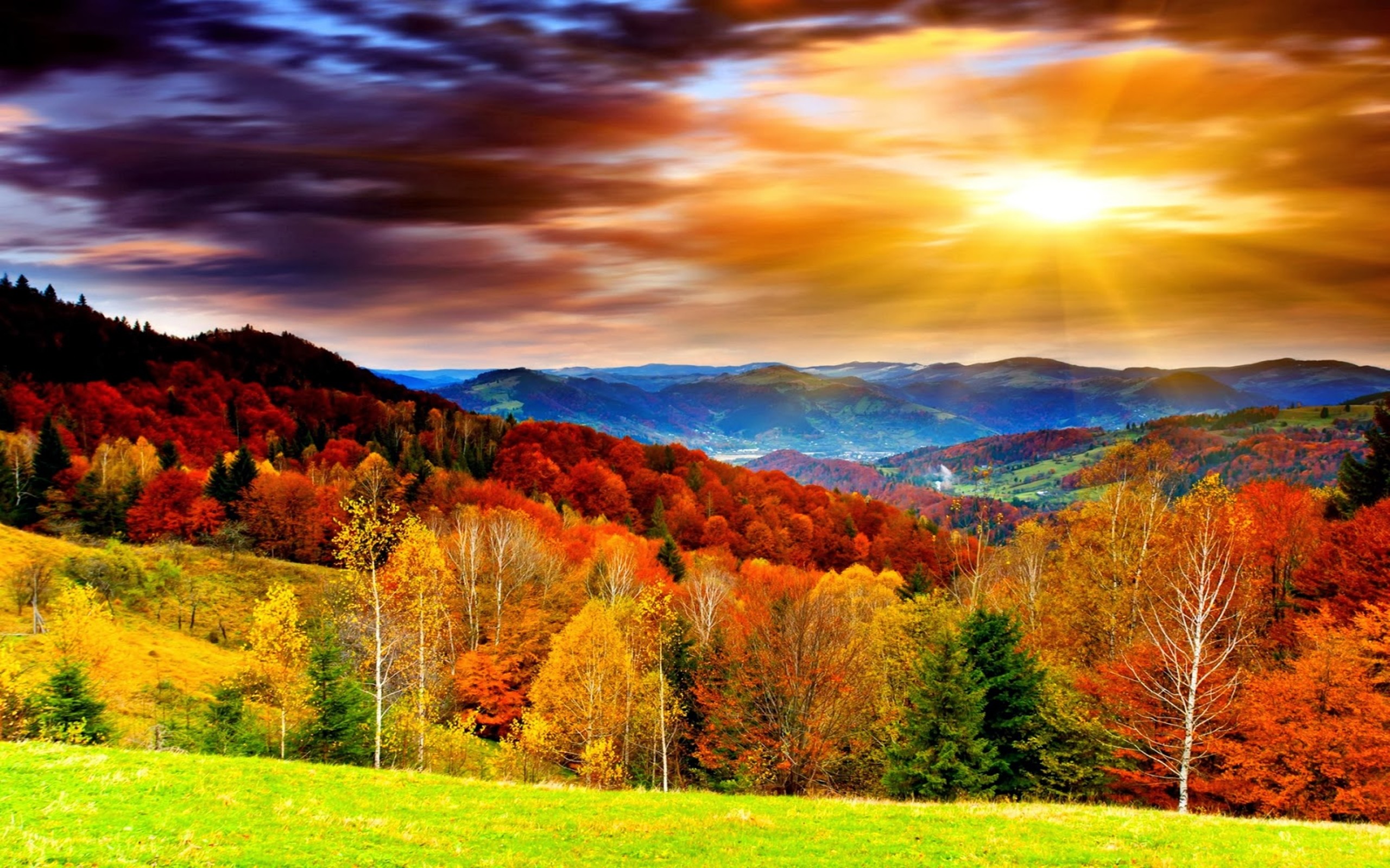 Scenic autumn landscape with colorful foliage and sunset over hills