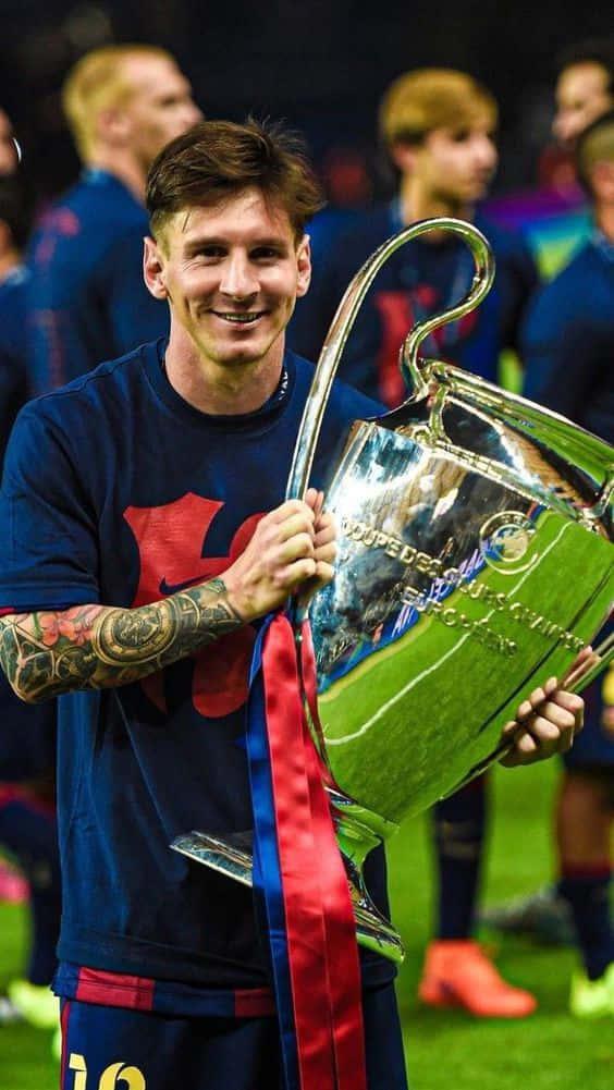 Download Messi Iphone With Champions League Trophy Wallpaper