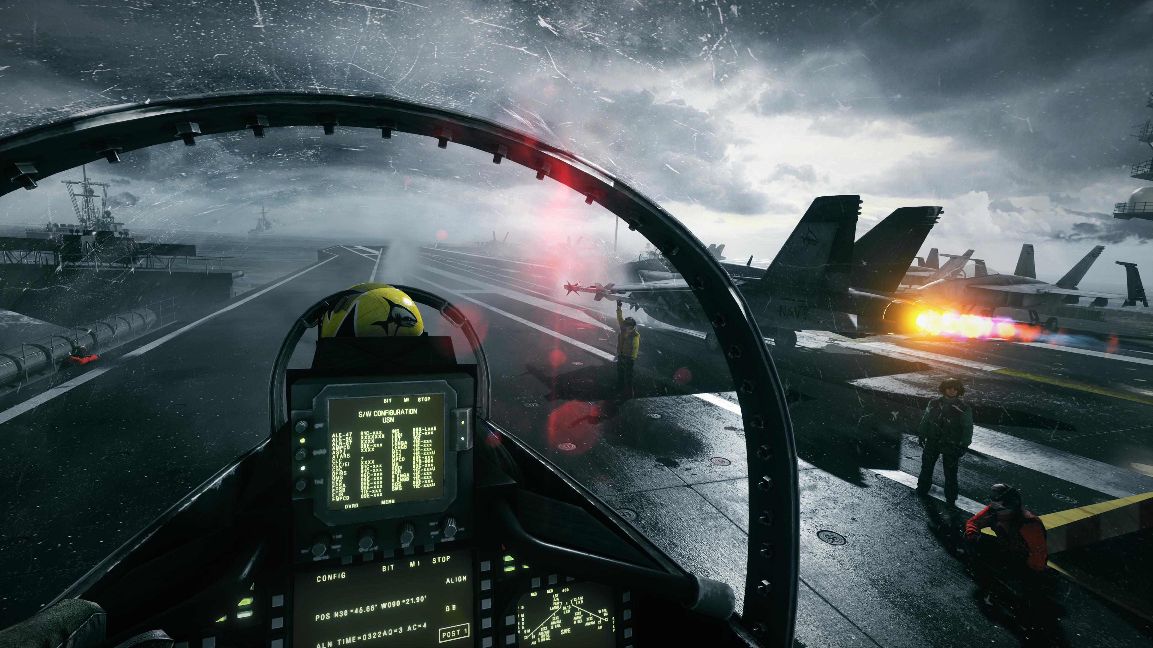 4K PC wallpaper of a fighter jet cockpit view on an aircraft carrier, ready for takeoff