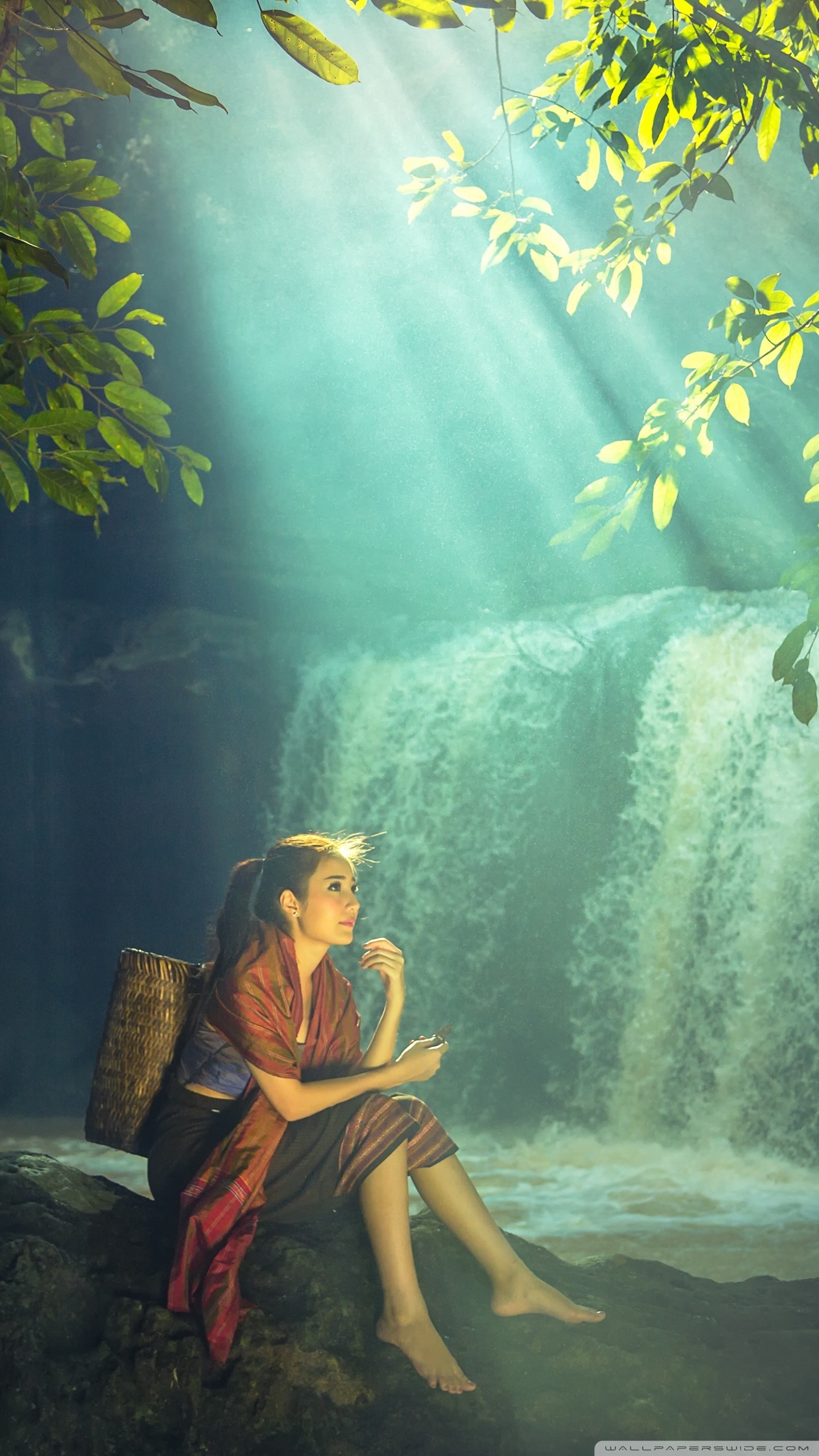 Beautiful Asian Girl Rainforest Waterfall 4K HD Desktop