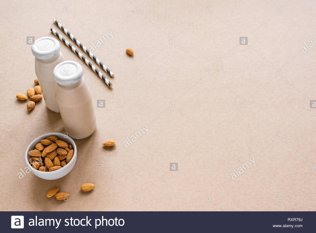 Almond Milk Alternative On Beige Background Copy Space Healthy