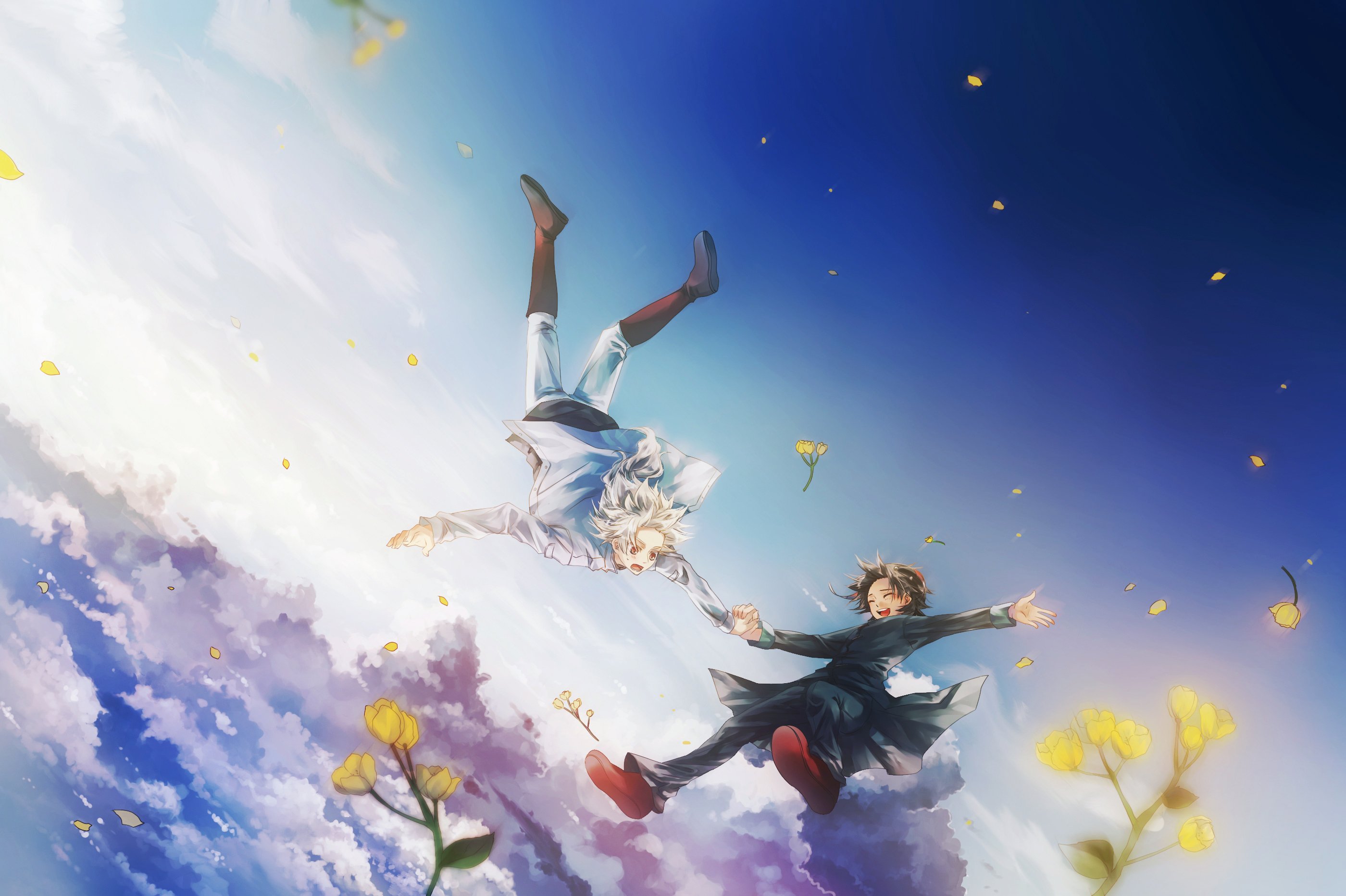 Anime Fly Boys Flower Sky Clouds Wallpaper