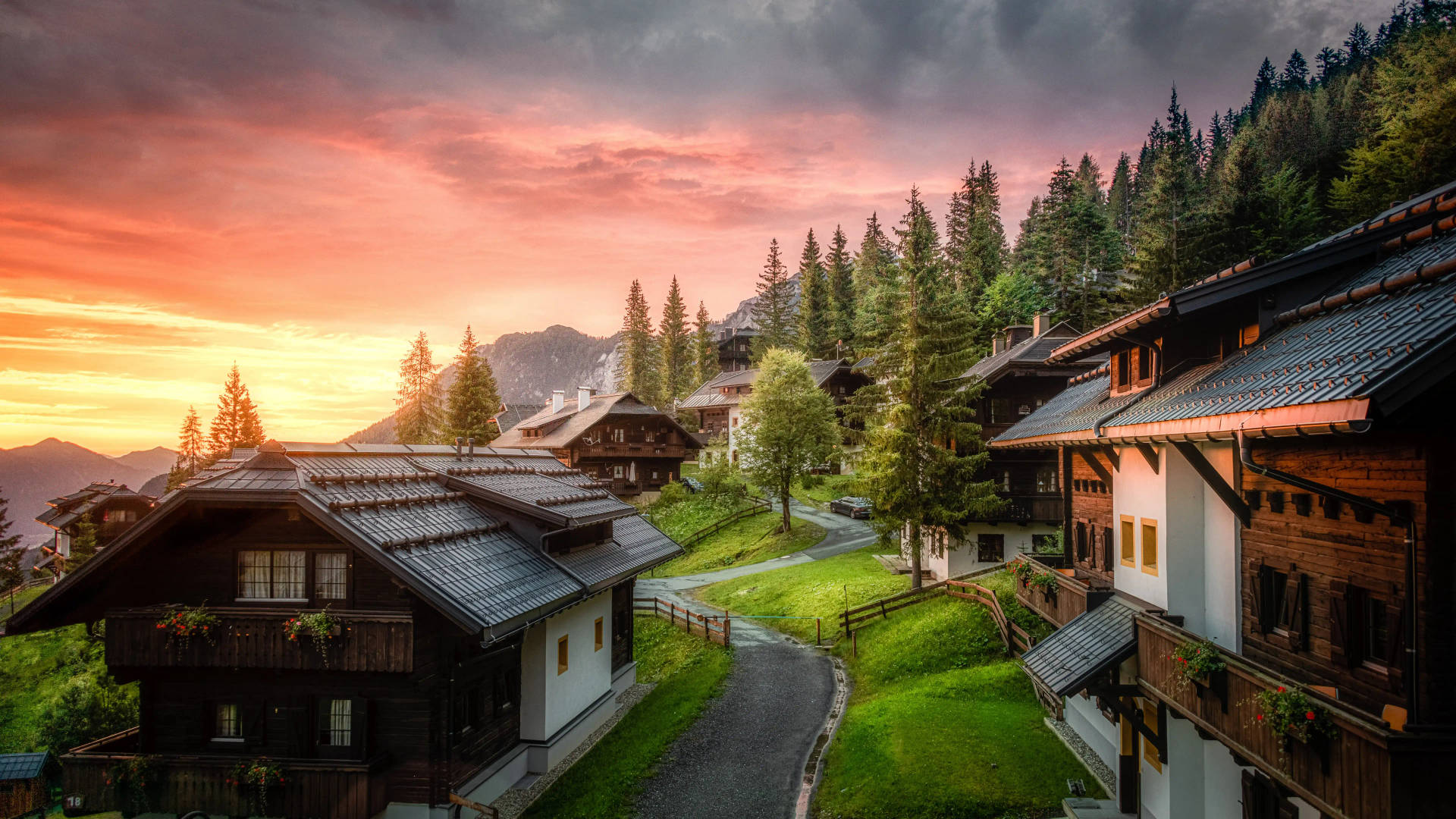 8k HD Wallpaper: Idyllic alpine village at sunset
